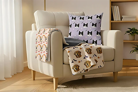 three pet portraits hung on a wall